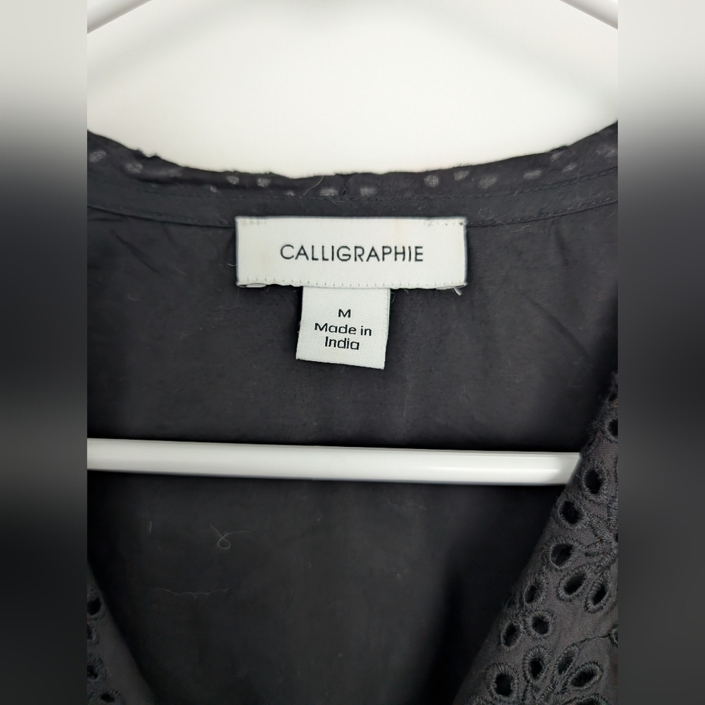 100% Cotton Calligraphie Black Eyelet Collar Long Sleeve Blouse Women's Size M - Picture 5 of 9